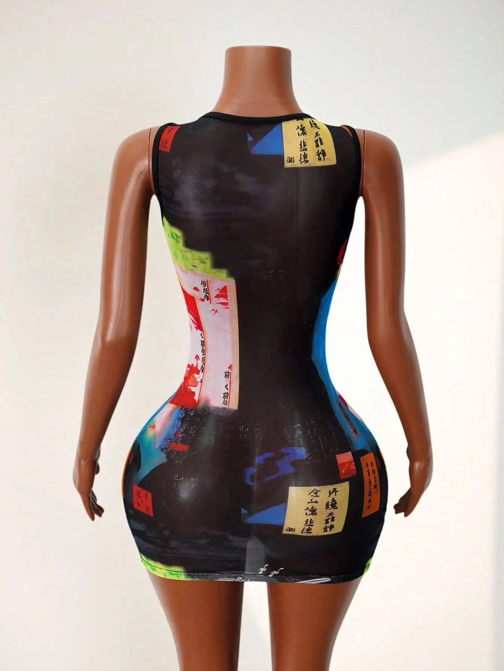 Women's Sheer Mesh Mini Tank Dress with Bold Graphic Print, Round Neck, Sleeveless