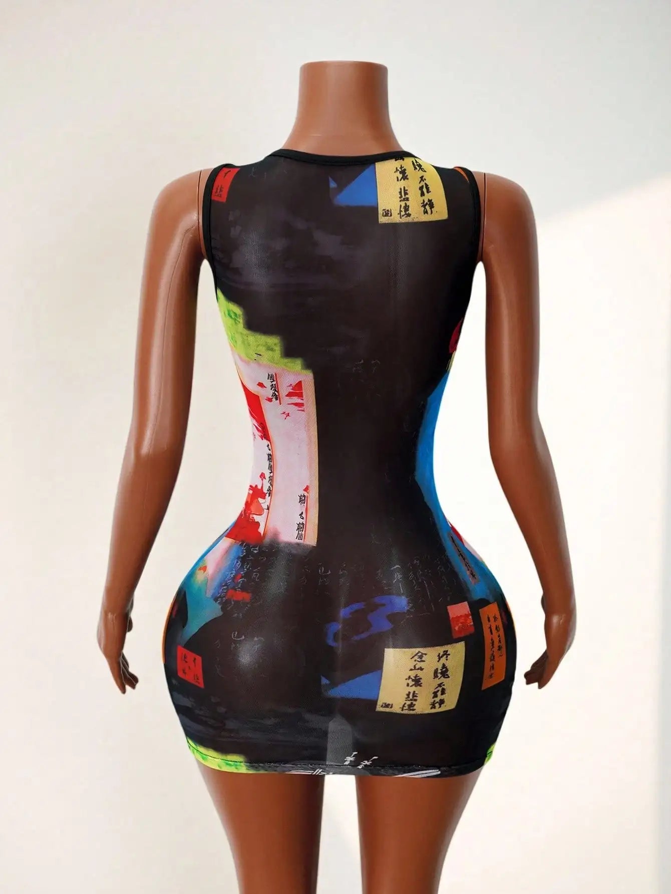 Women's Sheer Mesh Mini Tank Dress with Bold Graphic Print, Round Neck, Sleeveless