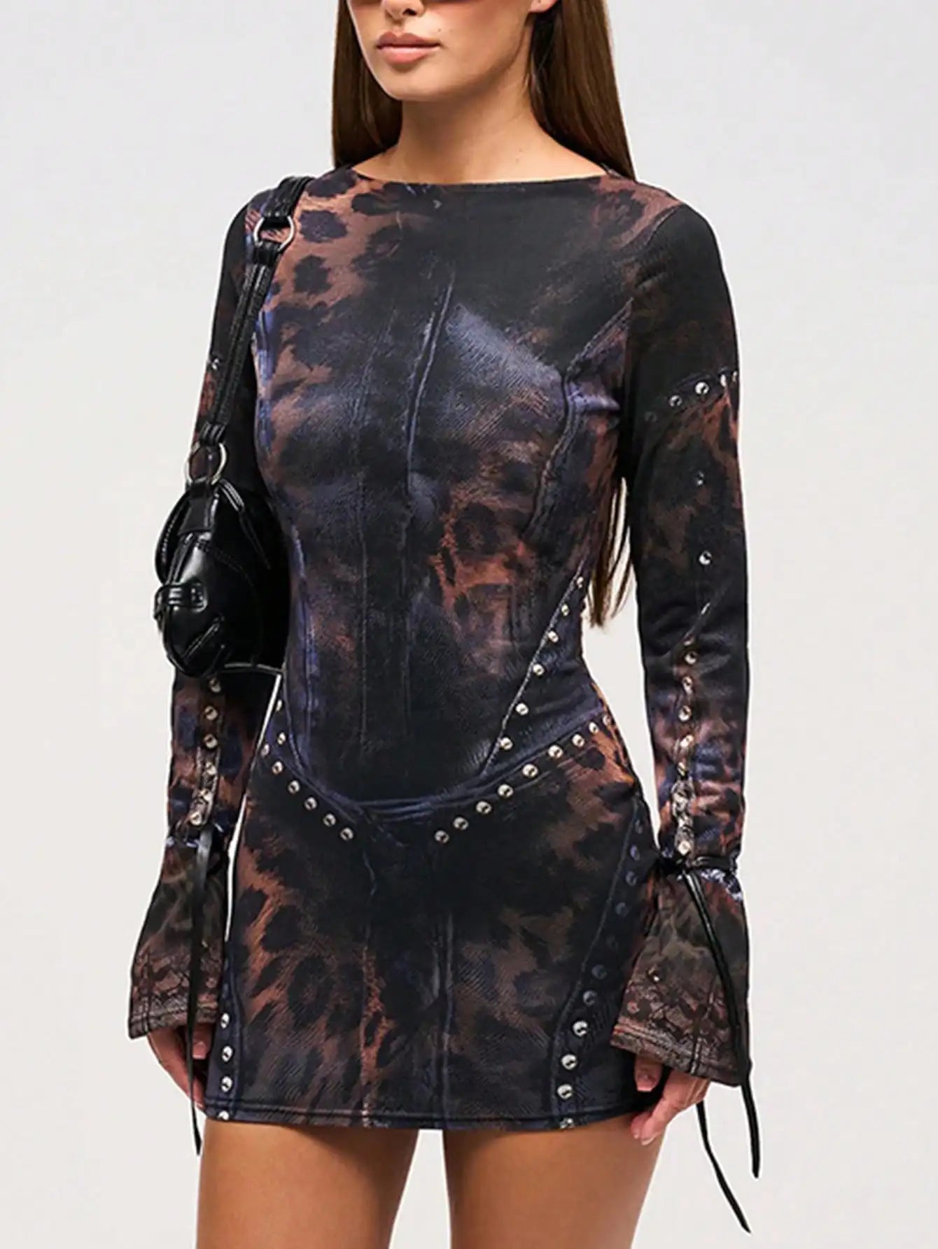 Leopard Print Long Sleeve Bodycon Mini Dress with Studs and Drawstring Cuffs
