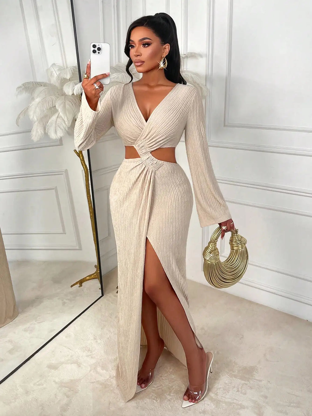 Elegant Beige Ribbed Knit Wrap Dress with V-Neck, Cut-Out Waist & High Slit