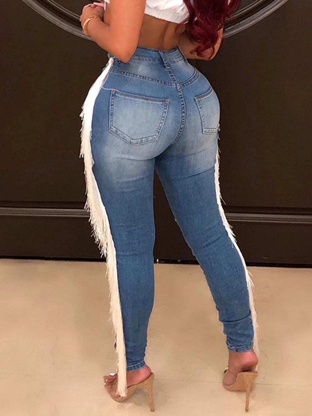 2025 New Women's High Waist Elastic Hole Slim Jeans, Wool Tassel Washed Distressed Jeans, Y2K Style, Hip Lift Design
