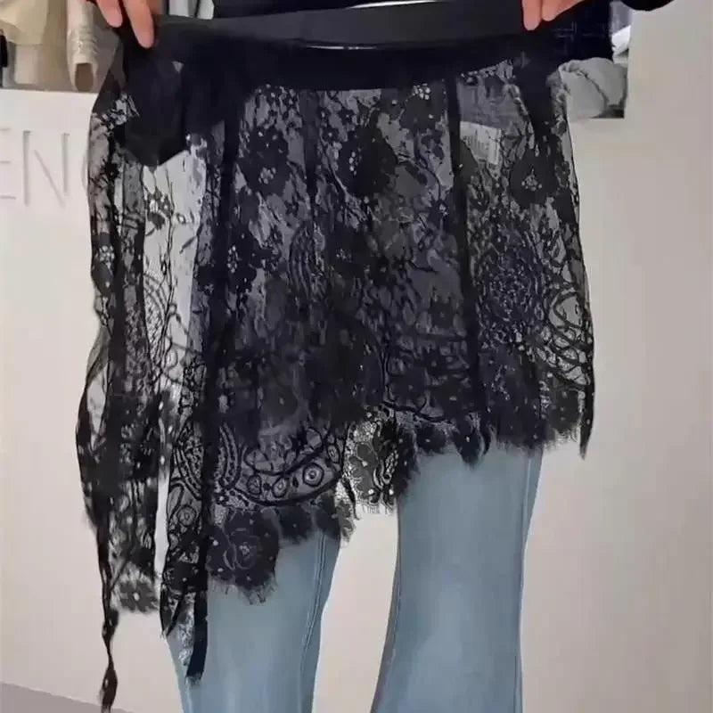 Hollow Out Embroidery Flower Lace Skirts Vintage Women Streetwear Irregular Fairy Faldas Grunge Button Skirt Aesthetic