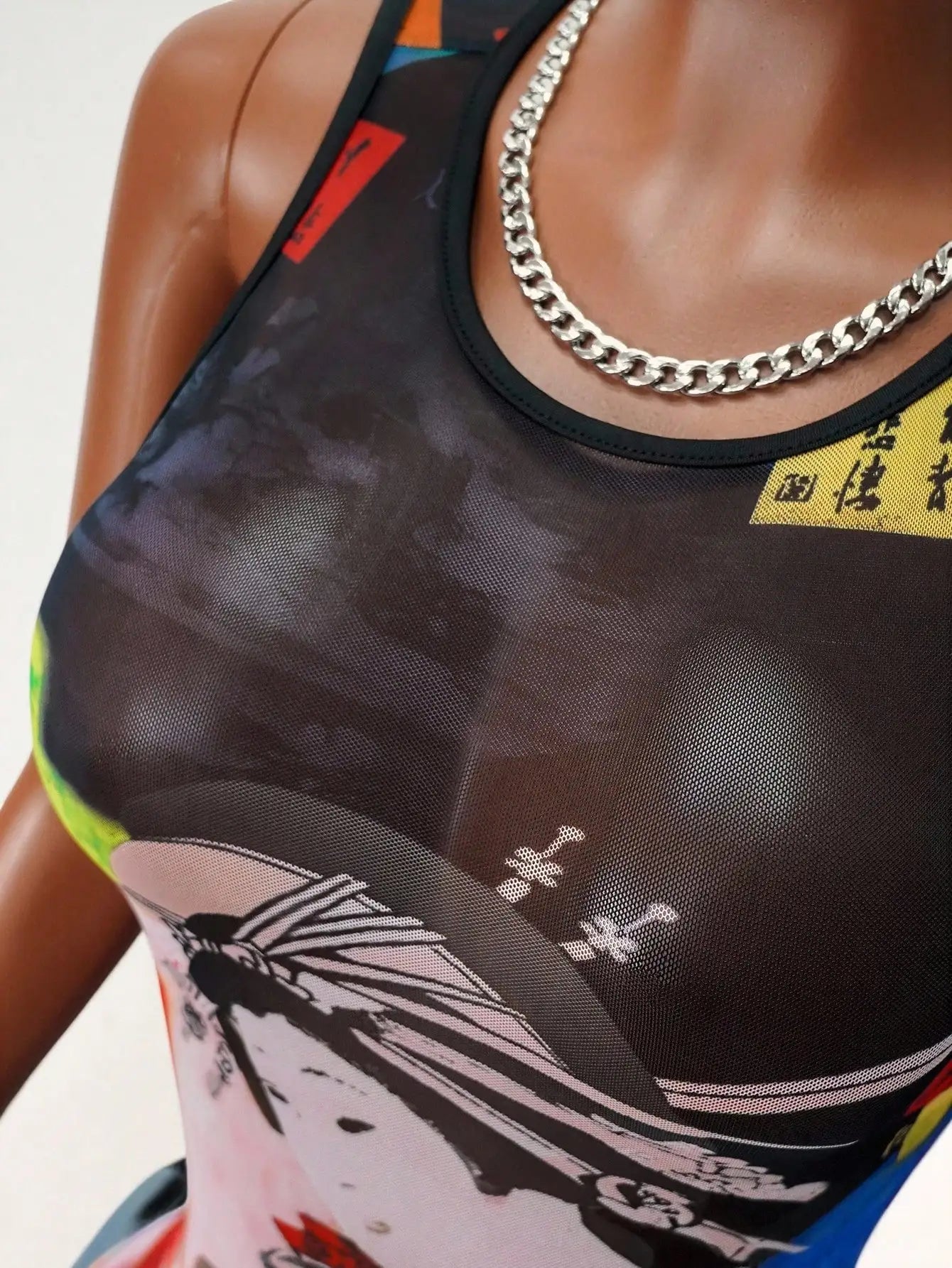 Women's Sheer Mesh Mini Tank Dress with Bold Graphic Print, Round Neck, Sleeveless