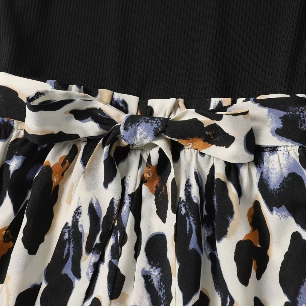 PatPat Black Ribbed U Neck Sleeveless Belted Splicing Leopard Romper Women Dress