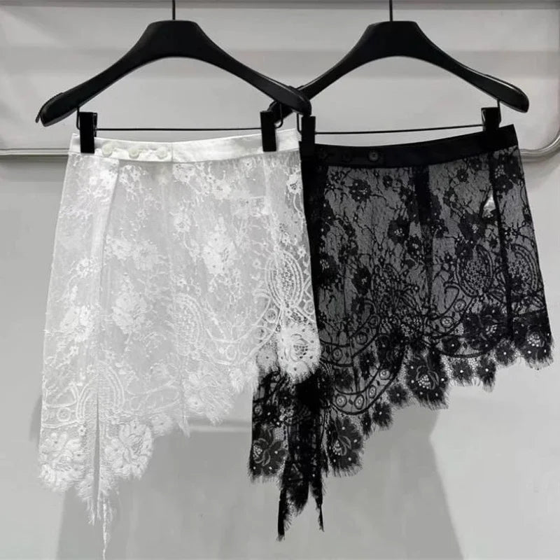 Hollow Out Embroidery Flower Lace Skirts Vintage Women Streetwear Irregular Fairy Faldas Grunge Button Skirt Aesthetic