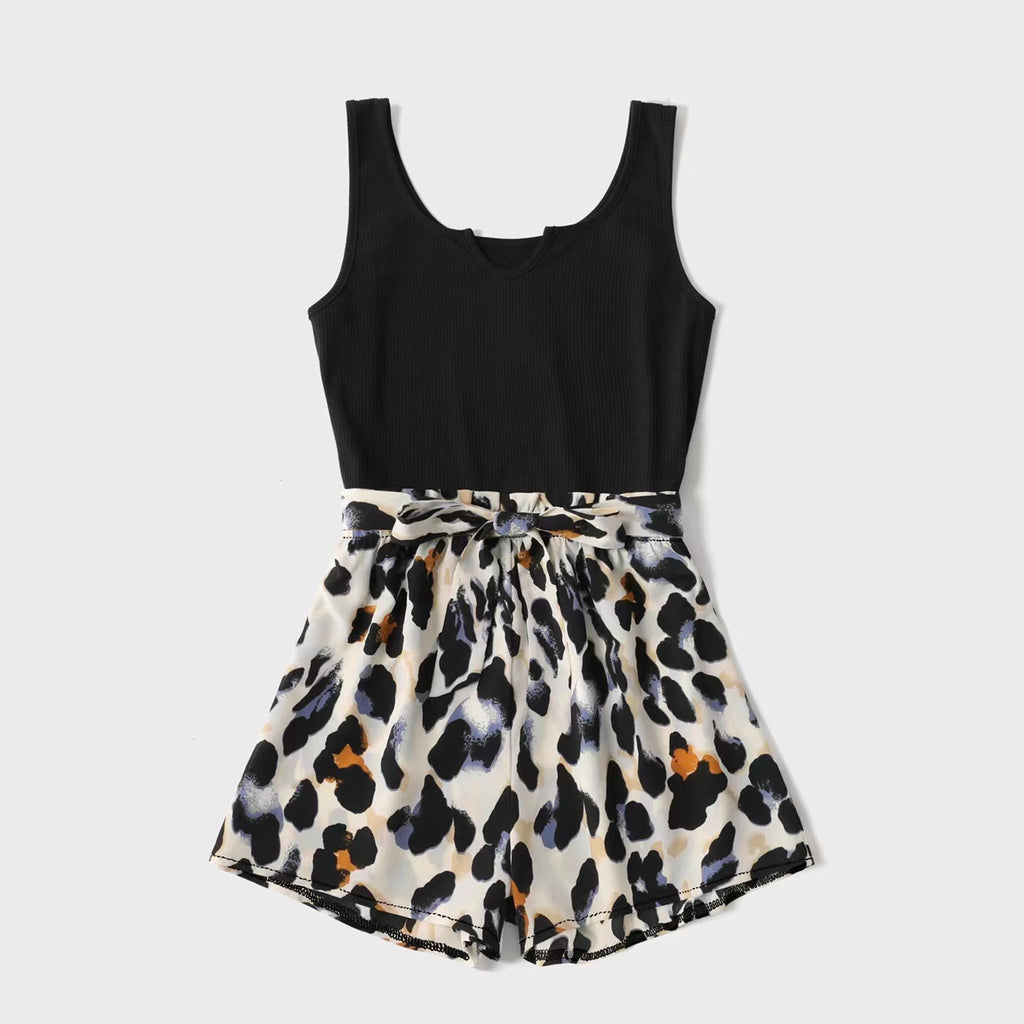 PatPat Black Ribbed U Neck Sleeveless Belted Splicing Leopard Romper Women Dress