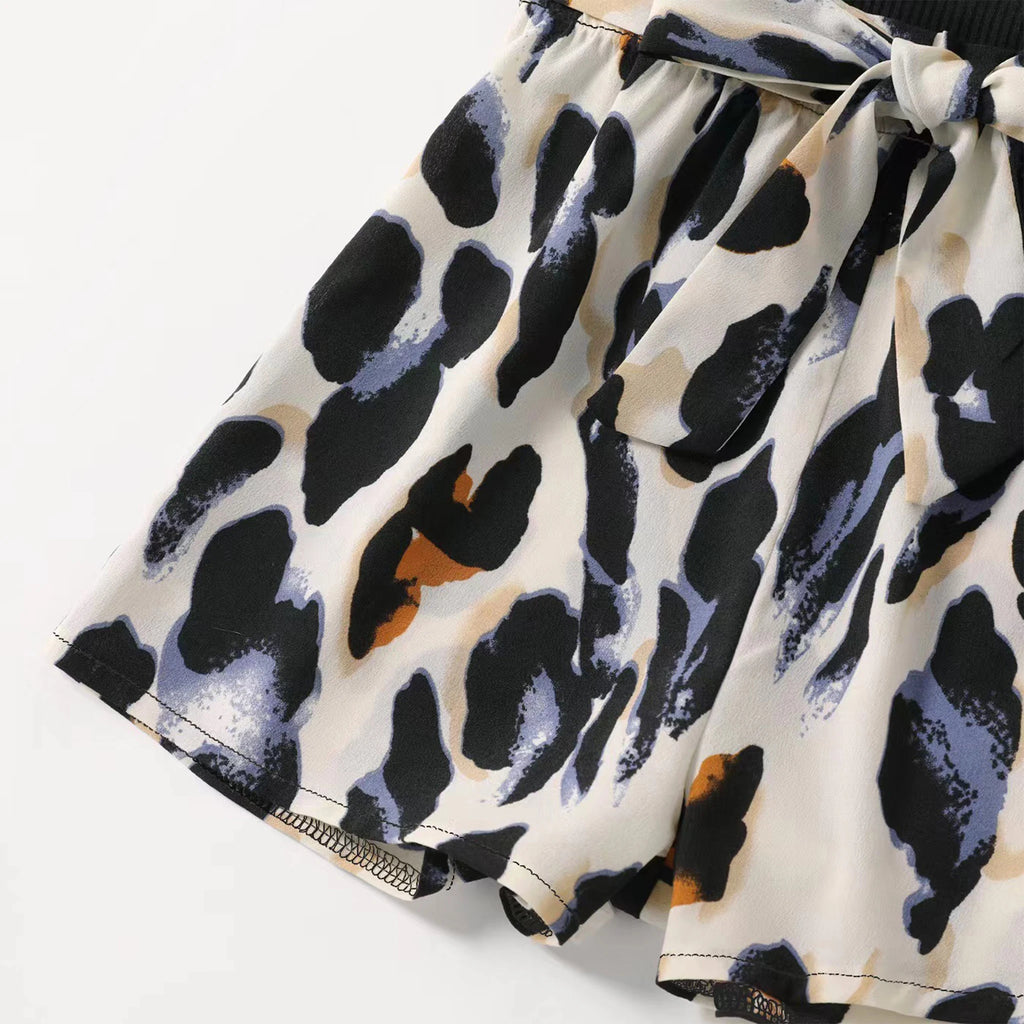 PatPat Black Ribbed U Neck Sleeveless Belted Splicing Leopard Romper Women Dress