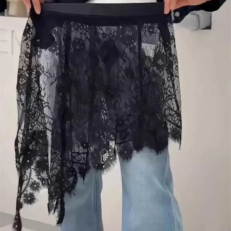 Hollow Out Embroidery Flower Lace Skirts Vintage Women Streetwear Irregular Fairy Faldas Grunge Button Skirt Aesthetic