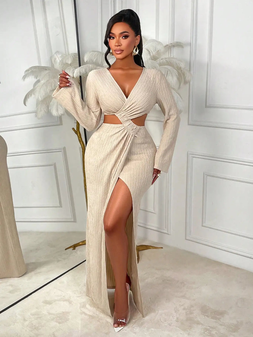 Elegant Beige Ribbed Knit Wrap Dress with V-Neck, Cut-Out Waist & High Slit