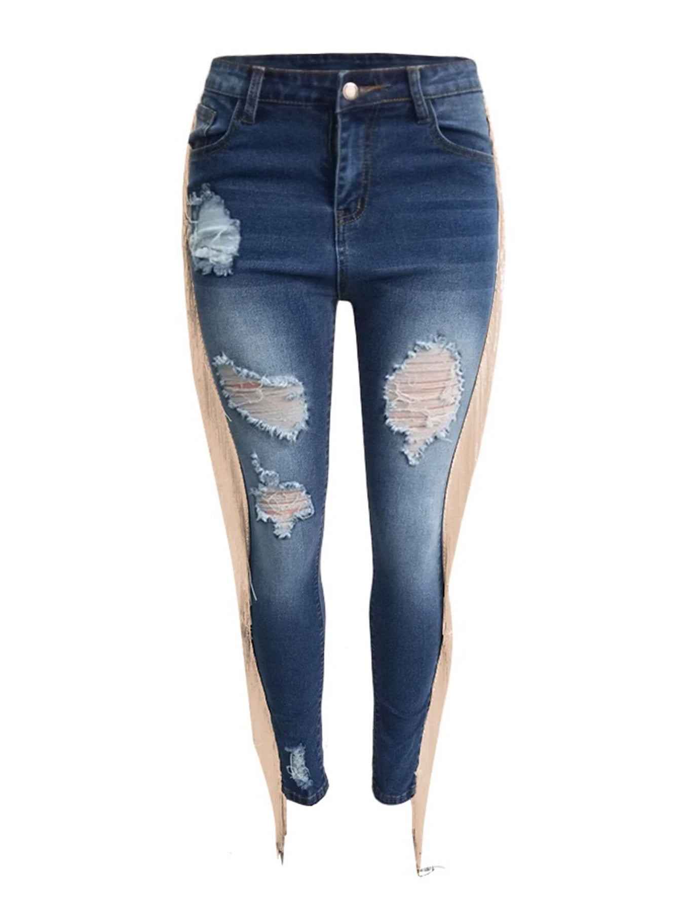 2025 New Women's High Waist Elastic Hole Slim Jeans, Wool Tassel Washed Distressed Jeans, Y2K Style, Hip Lift Design