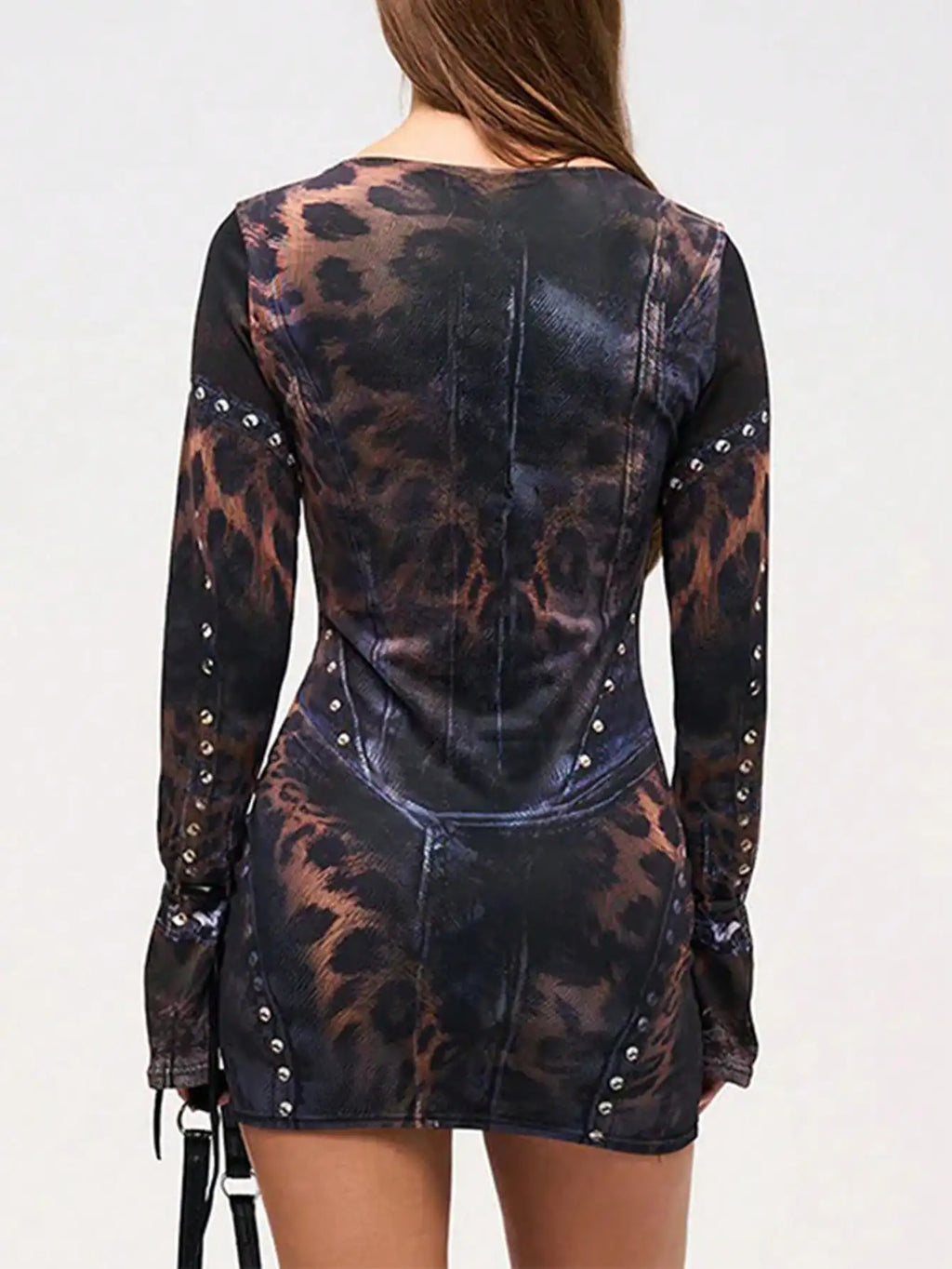 Leopard Print Long Sleeve Bodycon Mini Dress with Studs and Drawstring Cuffs