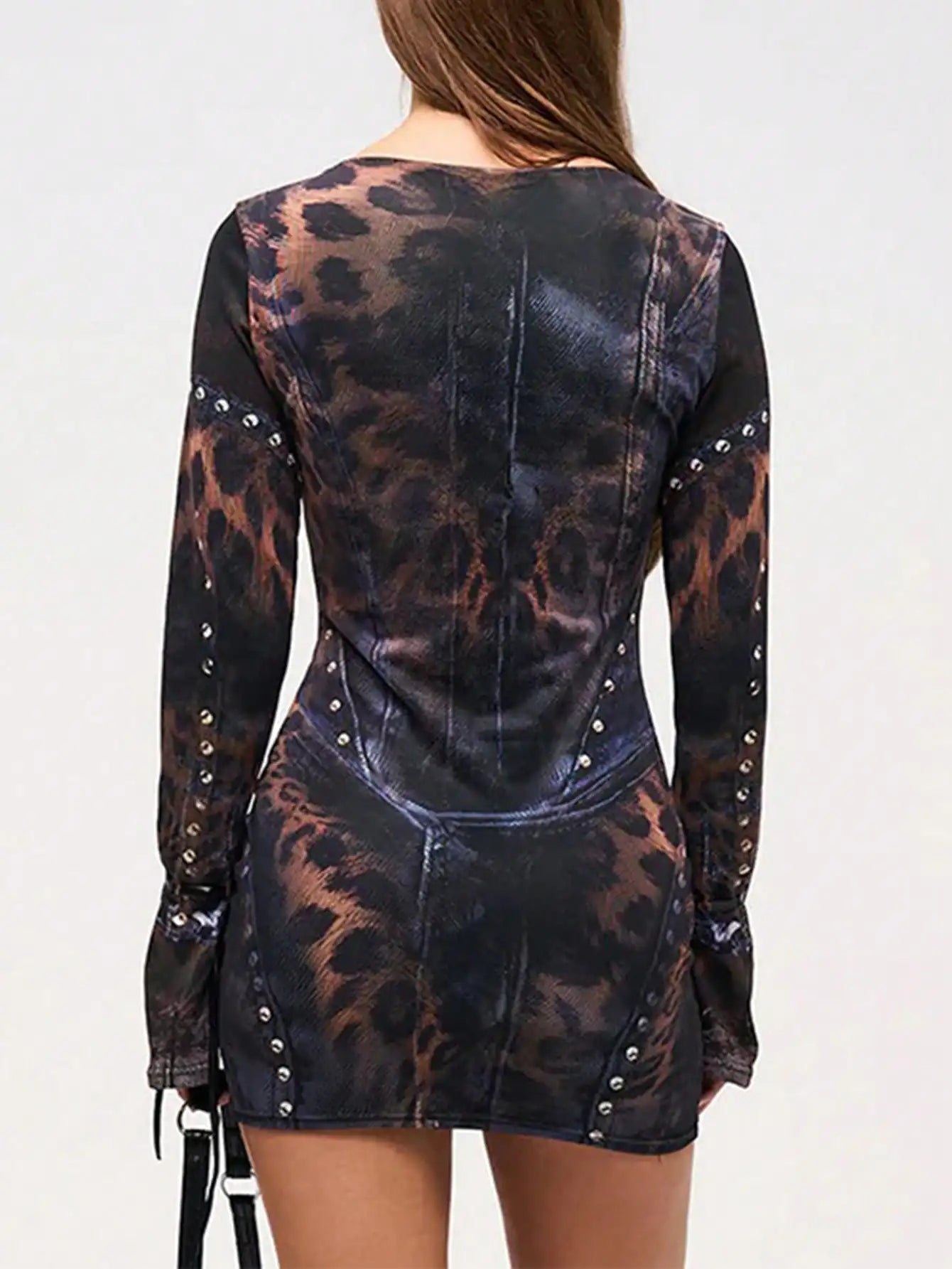 Leopard Print Long Sleeve Bodycon Mini Dress with Studs and Drawstring Cuffs